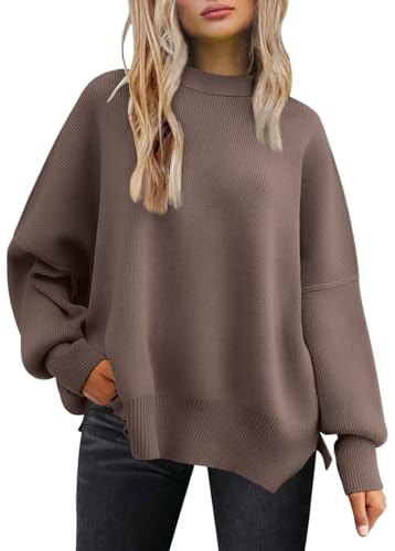 LILLUSORY Damen Herbst Rundhals Fledermaus Langarm Pullover Oversize Rippstrick Seitenschlitz Pullover Top, Muskat, L von LILLUSORY