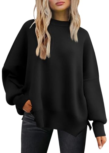 LILLUSORY Damen Herbst Rundhals Fledermaus Langarm Pullover Oversize Rippstrick Seitenschlitz Pullover Top, Schwarz, M von LILLUSORY