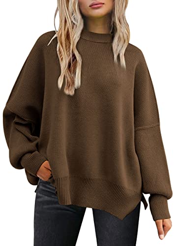 LILLUSORY Damen Herbst Rundhalsausschnitt Batwing Langarm Pullover Oversize Rippstrick Seitenschlitz Pullover Top, Light Coffee, Groß von LILLUSORY