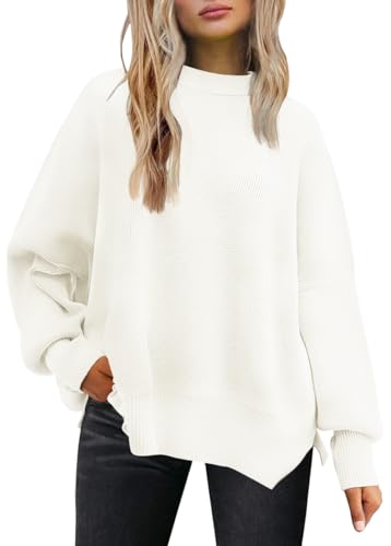 LILLUSORY Damen Herbst Rundhalsausschnitt Batwing Langarm Pullover Oversize Rippstrick Seitenschlitz Pullover Top, White, Mittel von LILLUSORY