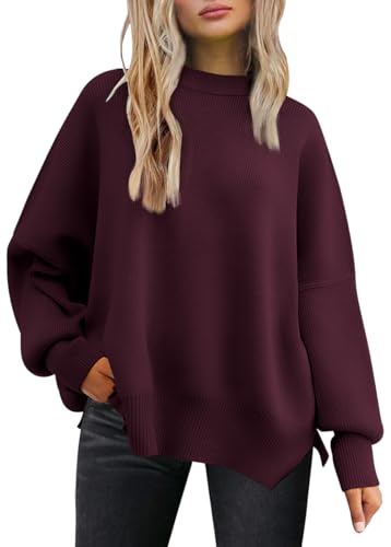 LILLUSORY Damen Pullover Fledermaus Langarm Herbst Rundhals Oversize RIPP Strickpullover mit Seitenschlitz, Weinrot, XL von LILLUSORY