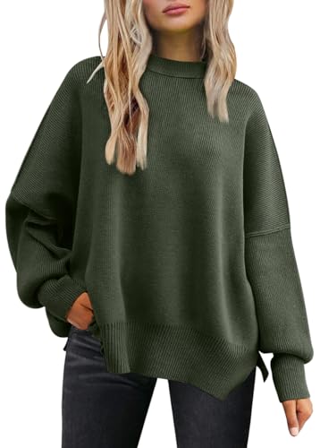 LILLUSORY Damen Herbst Rundhalsausschnitt Batwing Langarm Pullover Oversize Rippstrick Seitenschlitz Pullover Top, armee-grün, Mittel von LILLUSORY