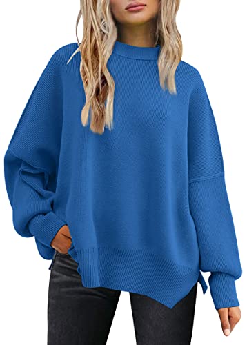 LILLUSORY Damen Herbst Rundhalsausschnitt Batwing Langarm Pullover Oversize Rippstrick Seitenschlitz Pullover Top, blau, Klein von LILLUSORY