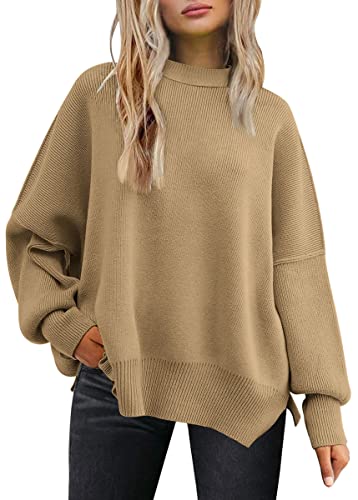 LILLUSORY Damen Herbst Rundhalsausschnitt Batwing Langarm Pullover Oversize Rippstrick Seitenschlitz Pullover Top, khaki, Mittel von LILLUSORY