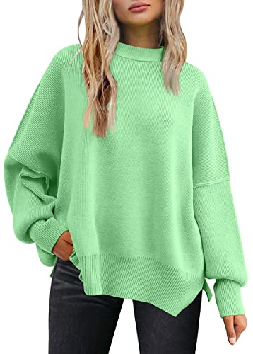 LILLUSORY Damen Herbst Rundhalsausschnitt Batwing Langarm Pullover Oversize Rippstrick Seitenschlitz Pullover Top, lichtgrün, Groß von LILLUSORY