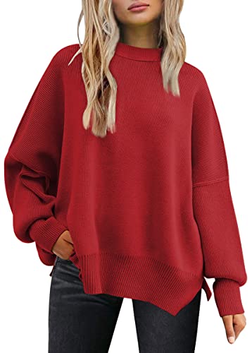 LILLUSORY Damen Herbst Rundhalsausschnitt Batwing Langarm Pullover Oversize Rippstrick Seitenschlitz Pullover Top, rot, Groß von LILLUSORY