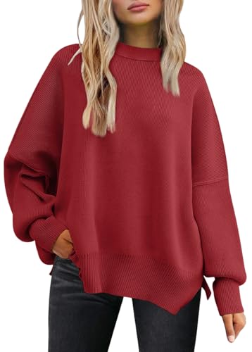 LILLUSORY Damen Herbst Rundhalsausschnitt Batwing Langarm Pullover Oversize Rippstrick Seitenschlitz Pullover Top, rot, Mittel von LILLUSORY