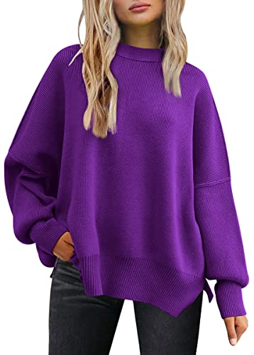 LILLUSORY Damen Herbst Rundhalsausschnitt Batwing Langarm Pullover Oversize Rippstrick Seitenschlitz Pullover Top, violett, Groß von LILLUSORY