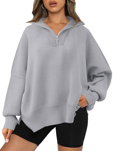 LILLUSORY Damen Langarm 1/4 Reißverschluss Kragen Drop Schulter Oversized Split Hem Slouchy Pullover Sweater, GRAU, Klein von LILLUSORY