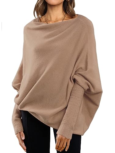 LILLUSORY Damen Lange Fledermausärmel U-Boot-Ausschnitt Tunika Tops 2023 Herbst Baggy Slouchy Pullover Pullover Pullover, Braun, Klein von LILLUSORY