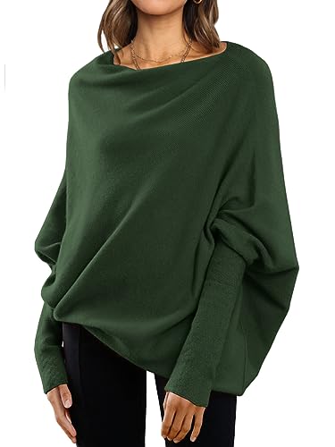 LILLUSORY Damen Lange Fledermausärmel U-Boot-Ausschnitt Tunika Tops 2023 Herbst Baggy Slouchy Pullover Pullover Pullover, Grün (Army Green), Mittel von LILLUSORY