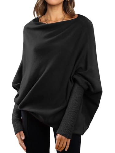 LILLUSORY Damen-Pullover mit Fledermausärmel, asymmetrisch, schulterfrei, U-Boot-Ausschnitt, Tunika, Tops, Herbstmode, Stoff-Outfit, Schwarz, Groß LILLUSORY Damen-Pullover mit Fledermausärmel, asymmetrisch, schulterfrei, U-Boot-Ausschnitt, Tunika, Tops, Herbstmode, Stoff-Outfit, Schwarz, Groß von LILLUSORY