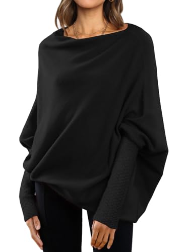LILLUSORY Damen-Pullover mit Fledermausärmel, asymmetrisch, schulterfrei, U-Boot-Ausschnitt, Tunika, Tops, Herbstmode, Stoff-Outfit, Schwarz, Groß von LILLUSORY