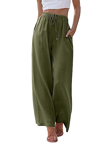 LILLUSORY Damen Leinen Sommer Palazzo Pants Flowy Wide Leg Strandhose mit Taschen, Grün , M von LILLUSORY