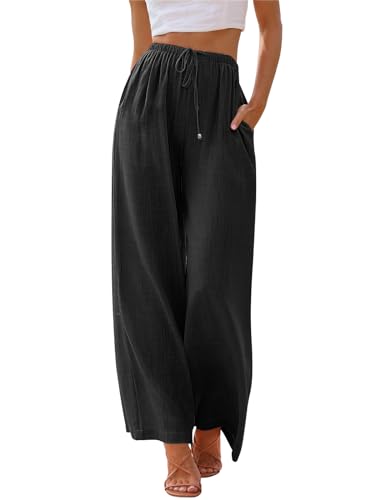 LILLUSORY Damen Leinen Sommer Palazzo Pants Flowy Wide Leg Strandhose mit Taschen, Schwarz, X-Groß von LILLUSORY