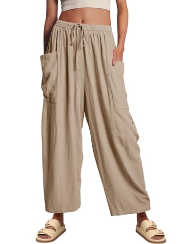 LILLUSORY Damen Leinenhose mit weitem Bein 2024, lässig, locker, leicht, Strand, Palazzo, Haremshose, Khaki, Large von LILLUSORY