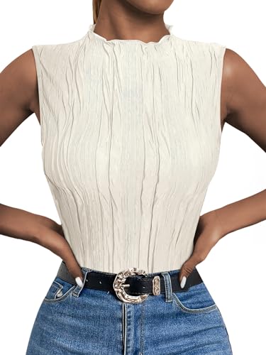 LILLUSORY Damen Mock Neck Business Casual Tank Tops Ärmellos Geraffte Arbeitsbluse Fitted 2024 Trendy Shirts, Beige, Groß von LILLUSORY