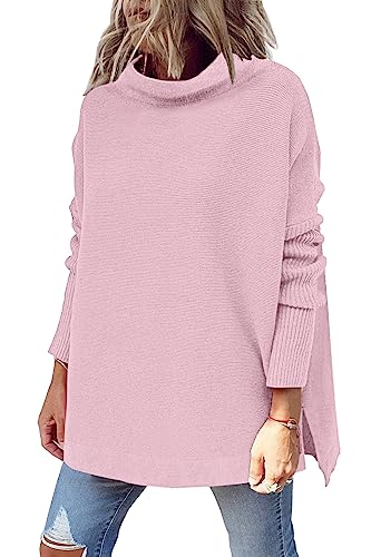 LILLUSORY Damen Mock Rollkragenpullover Oversized Langarm Split Hem Casual Knit Pullover Tunika Tops, rosa - deep pink, X-Groß von LILLUSORY
