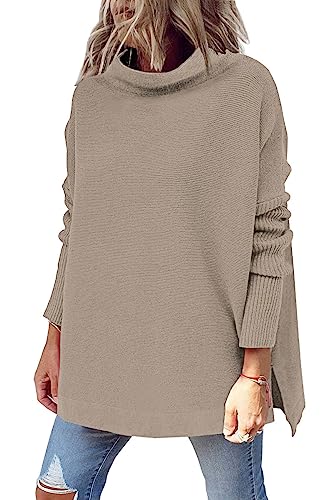 LILLUSORY Damen Mock Turtleneck Casual Oversized Sweater Lange Fledermausärmel Split Hem Rippstrick Pullover Tops, Lightkhaki, Klein von LILLUSORY