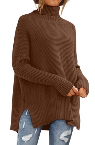 LILLUSORY Damen Oversized Rollkragenpullover Herbst Fledermausärmel Gerippte Tunika Pullover, Braun, XX-Large von LILLUSORY