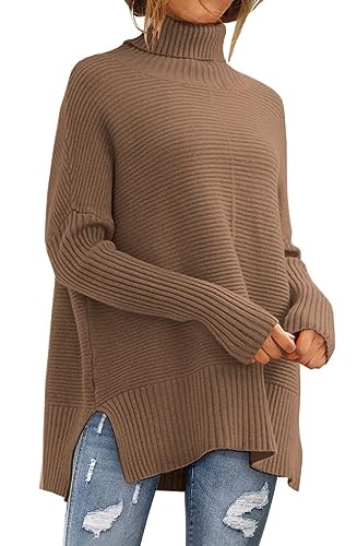 LILLUSORY Damen Oversized Rollkragenpullover Herbst Fledermausärmel Gerippte Tunika Pullover, Dunkles Apricot, Groß von LILLUSORY