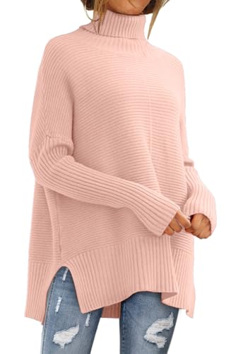 LILLUSORY Damen Oversized Rollkragenpullover Herbst Fledermausärmel Gerippte Tunika Pullover, Helles Pink, X-Klein von LILLUSORY