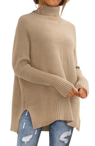 LILLUSORY Damen Oversized Rollkragenpullover Herbst Fledermausärmel Gerippte Tunika Pullover, Light Apricot, XX-Large von LILLUSORY