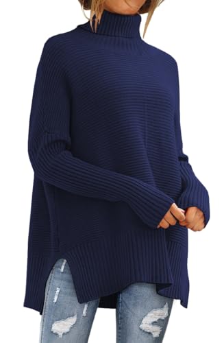 LILLUSORY Damen Oversized Rollkragenpullover Herbst Fledermausärmel Gerippte Tunika Pullover, Marineblau, XX-Large von LILLUSORY
