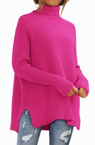 LILLUSORY Damen Oversized Rollkragenpullover Herbst Fledermausärmel Gerippte Tunika Pullover, Pink, Klein von LILLUSORY