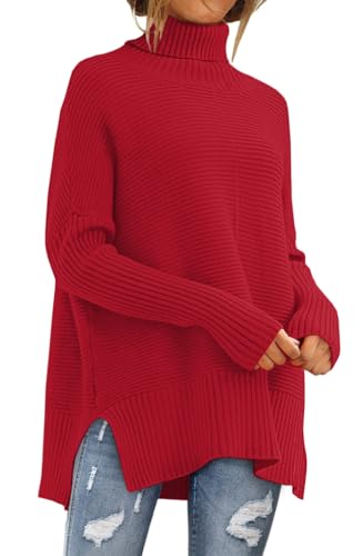 LILLUSORY Damen Oversized Rollkragenpullover Herbst Fledermausärmel Gerippte Tunika Pullover, Rot/Ausflug, einfarbig (Getaway Solids), X-Groß von LILLUSORY