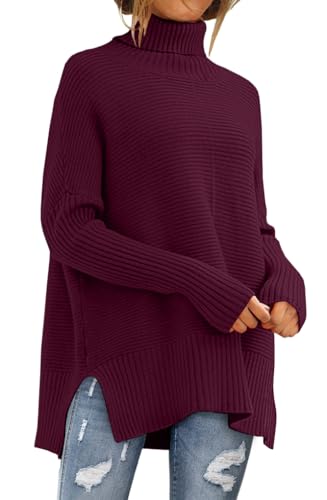 LILLUSORY Damen Oversized Rollkragenpullover Herbst Fledermausärmel Gerippte Tunika Pullover, Weinrot, X-Klein von LILLUSORY