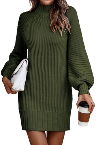 LILLUSORY Damen Mock Rollkragenpullover Kleid Trendy Pullover Puffärmel Herbst Kleid Knit Winter Outfits, Dunkelgrün, X-Groß von LILLUSORY