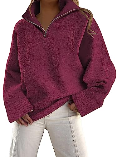 LILLUSORY Damen-Pullover mit halbem Reißverschluss, 2024, Übergröße, V-Ausschnitt, flauschig, warm, Pullover, Fuchsia, Mittel von LILLUSORY