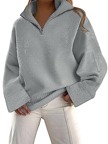 LILLUSORY Damen-Pullover mit halbem Reißverschluss, 2024, Übergröße, V-Ausschnitt, flauschig, warm, Pullover, GRAU, Klein von LILLUSORY