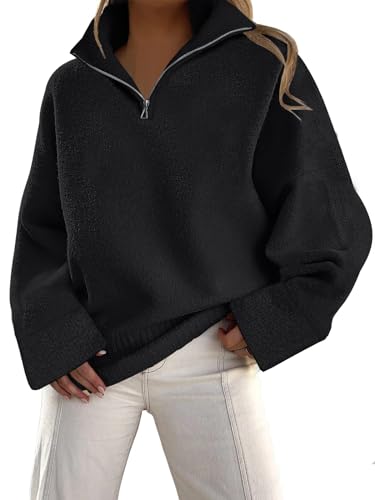 LILLUSORY Damen Pullover mit halbem Reißverschluss 2023 Herbst Oversized V-Ausschnitt Fuzzy Knit Chunky Warm Pullover Pullover Pullover, Schwarz, Mittel von LILLUSORY