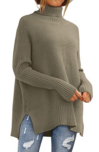 LILLUSORY Oversize-Rollkragenpullover für Damen, Herbst, Fledermausärmel, Rippstrick-Tunika, Hellkhaki, X-Groß von LILLUSORY