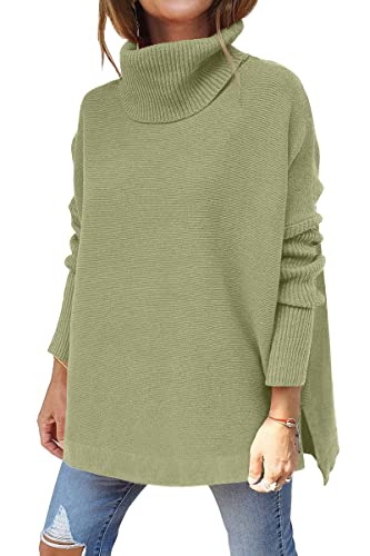 LILLUSORY Damen Rollkragen Oversized Pullover 2022 Herbst Lange Fledermausärmel Spilt Hem Tunika Pullover Sweater Knit Tops, lichtgrün, Groß von LILLUSORY