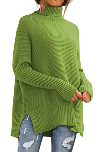 LILLUSORY Oversize-Rollkragenpullover für Damen, Herbst, Fledermausärmel, Rippstrick-Tunika, Hellgrün, Klein von LILLUSORY