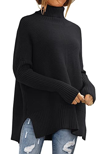 LILLUSORY Oversize-Rollkragenpullover für Damen, Herbst, Fledermausärmel, Rippstrick-Tunika, Schwarz, X-Groß von LILLUSORY