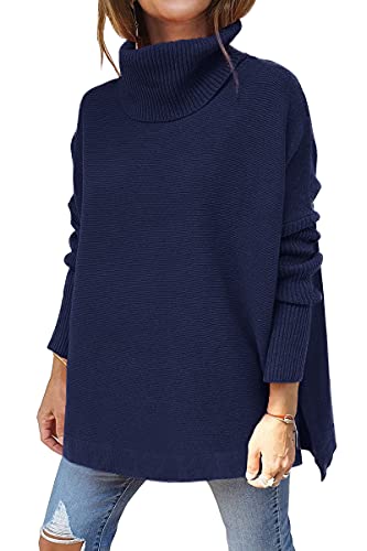 LILLUSORY Damen Rollkragen Übergroße Pullover 2022 Herbst Lange Fledermausärmel Split Saum Tunika Pullover Pullover Strickoberteile, Marineblau, M von LILLUSORY