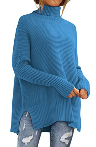 LILLUSORY Oversize-Rollkragenpullover für Damen, Herbst, Fledermausärmel, Rippstrick-Tunika, Seeblau, Klein von LILLUSORY