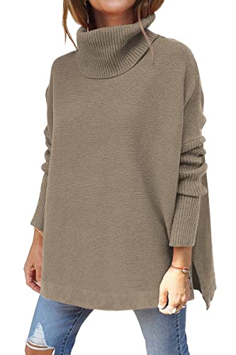 LILLUSORY Damen Rollkragen Übergroße Pullover 2023 Herbst Lange Fledermausärmel Verschütteter Saum Tunika Pullover Pullover Strickoberteile, Dunkles Khaki, Groß von LILLUSORY