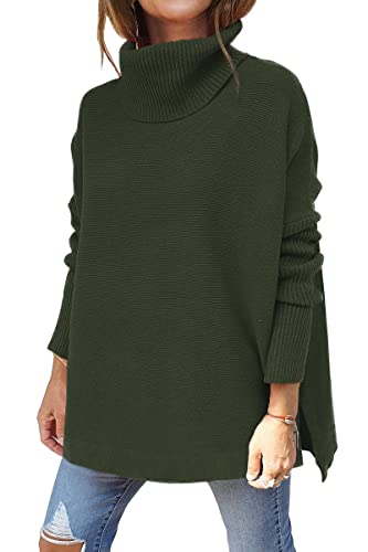 LILLUSORY Damen Rollkragen Übergroße Pullover 2023 Herbst Lange Fledermausärmel Verschütteter Saum Tunika Pullover Pullover Strickoberteile, Grün (Army Green), Groß von LILLUSORY