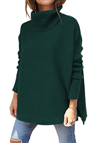 LILLUSORY Damen Rollkragen Übergroße Pullover 2023 Herbst Lange Fledermausärmel Verschütteter Saum Tunika Pullover Pullover Strickoberteile, Grün (Forest Green), X-Groß von LILLUSORY