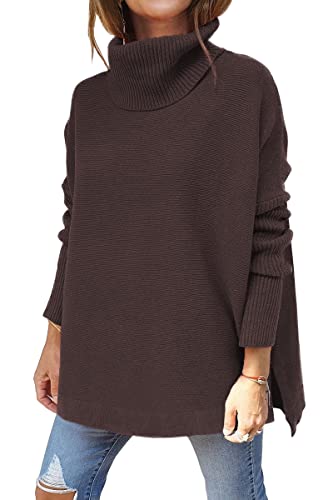 LILLUSORY Damen Rollkragen Übergroße Pullover 2023 Herbst Lange Fledermausärmel Verschütteter Saum Tunika Pullover Pullover Strickoberteile, Kaffee, X-Klein von LILLUSORY