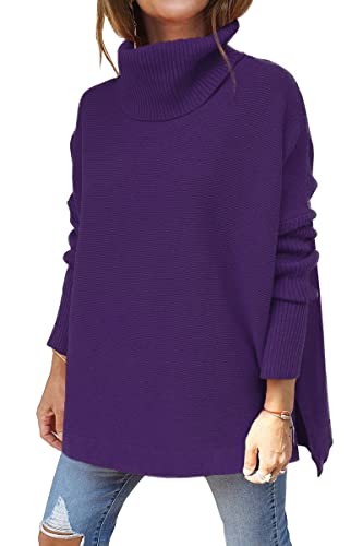 LILLUSORY Damen Rollkragen Übergroße Pullover 2023 Herbst Lange Fledermausärmel Verschütteter Saum Tunika Pullover Pullover Strickoberteile, Violett, X-Groß von LILLUSORY