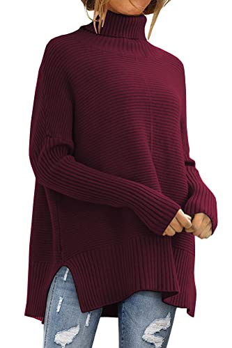 LILLUSORY Oversize-Rollkragenpullover für Damen, Herbst, Fledermausärmel, Rippstrick-Tunika, Weinrot, X-Groß von LILLUSORY