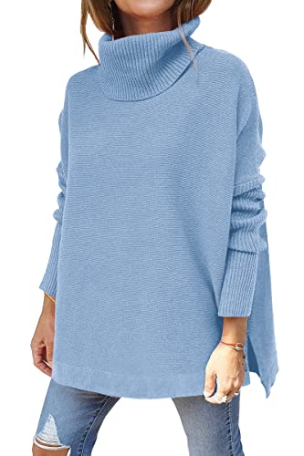 LILLUSORY Damen Rollkragenpullover, übergroß, lange Fledermausärmel, verschütteter Saum, Tunika-Pullover, Strick-Tops, Hell, blau, X-Groß von LILLUSORY