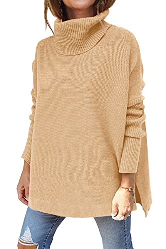 LILLUSORY Damen Rollkragenpullover, übergroß, lange Fledermausärmel, verschütteter Saum, Tunika-Pullover, Strick-Tops, Khaki, Groß von LILLUSORY