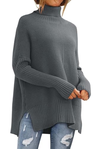 LILLUSORY Oversize-Rollkragenpullover für Damen, Herbst, Fledermausärmel, Rippstrick-Tunika, Tiefes grau, X-Groß LILLUSORY Oversize-Rollkragenpullover für Damen, Herbst, Fledermausärmel, Rippstrick-Tunika, Tiefes grau, X-Groß von LILLUSORY